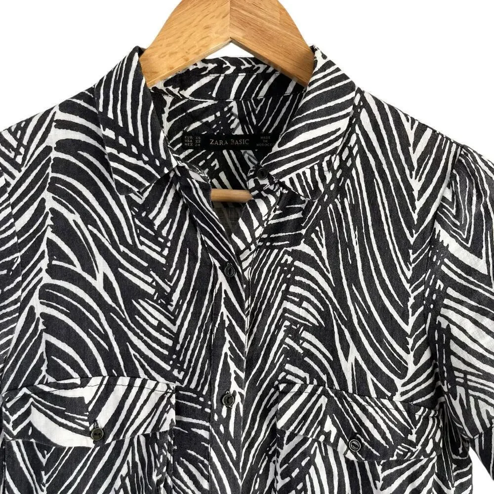 Zara 100% Linen Zebra Print Mini Shirt Dress Short Sleeves Black‎ White, Size XS